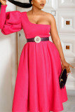Red Fashion Casual Solid Without Belt Oblique Collar Dresses