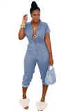 Light Blue Fashion Sexy Patchwork Button Solid zipper The cowboy Short Sleeve Turndown Collar Jumpsuits