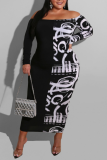 Red Casual Print Patchwork Bateau Neck Wrapped Skirt Dresses