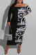 White Casual Print Patchwork Bateau Neck Wrapped Skirt Dresses
