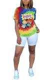 White Blue Orange Yellow colour Polyester O Neck Short Sleeve Patchwork Print Character Tops