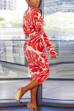 Red Milk. Fashion Casual adult Ma'am Cap Sleeve Long Sleeves O neck Step Skirt Mid-Calf Print chain Dresses