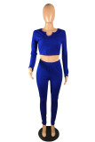 Blue Sexy Solid Patchwork U Neck Long Sleeve Regular Sleeve Short Two Pieces