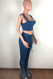 Blue Acrylic Fashion Celebrities Solid Draped Two Piece Suits pencil Sleeveless Two Pieces