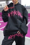 Black Fashion Casual Print Basic Hooded Collar Long Sleeve Two Pieces