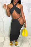 Black Sexy Solid Hollowed Out Backless Halter Sleeveless Two Pieces