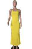 Yellow Milk. Fashion Sexy Green Yellow Off The Shoulder Sleeveless Halter Neck Pencil Dress Floor-Length Solid Dresses