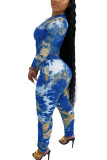 Blue Fashion Sexy Adult Print Tie Dye Tie-dye O Neck Long Sleeve Regular Sleeve Short Two Pieces