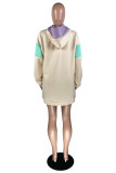 Cream White Fashion Casual Patchwork Basic Hooded Collar Long Sleeve Dresses