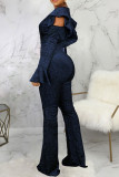 Blue Fashion Sexy Adult Nylon Solid Split Joint O Neck Skinny Jumpsuits