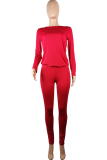 Red Casual Solid Patchwork O Neck Long Sleeve Two Pieces