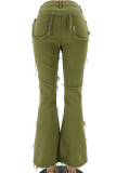 Green Denim Zipper Fly High Patchwork washing Zippered Boot Cut Pants Bottoms