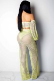 Lemon yellow Sexy Fashion Off The Shoulder Long Sleeves One word collar Straight Ankle-Length perspective Mesh Pa