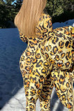 Yellow Casual Print Leopard Patchwork Tie-dye O Neck Regular Jumpsuits