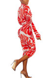 Red Milk. Fashion Casual adult Ma'am Cap Sleeve Long Sleeves O neck Step Skirt Mid-Calf Print chain Dresses