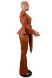 Tangerine Red Sexy Solid Patchwork V Neck Long Sleeve Two Pieces