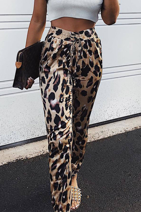 Brown Sportswear Print Straight Mid Waist Bottoms