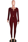 Wine Red Casual Solid Two Piece Suits Straight Long Sleeve Two-piece Pants Set