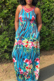 Blue Fashion Sexy Print Hollowed Out Spaghetti Strap Sleeveless Dress