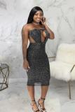 Blue Polyester Fashion Sexy Off The Shoulder Sleeveless Wrapped chest Pencil Dress Knee-Length backless h
