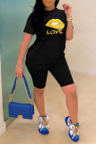 Black Fashion Casual Letter Lips Printed Basic O Neck Short Sleeve Two Pieces