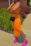 Orange Sexy Casual Solid Split Joint Spaghetti Strap Sleeveless Two Pieces