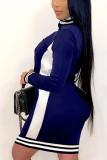 Tibetan Blue Sportswear Solid Patchwork Turndown Collar Pencil Skirt Dresses