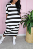 Hide Blue Sexy Short Sleeves O neck Straight Mid-Calf Striped Print Dresses