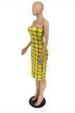 Yellow Fashion Sexy Plaid Print Backless Spaghetti Strap Sleeveless Dress