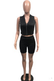 Black Fashion Sexy adult Ma'am Patchwork Solid Zippered Two Piece Suits pencil Sleeveless Two Pieces