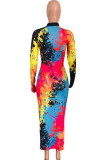 Sky blue and yellow and Rose-carmine Polyester Street O Neck Print scrawl Pattern Plus Size