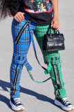 Blue Casual Plaid Straight High Waist Bottoms