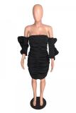 Black Polyester Sexy Fashion Off The Shoulder 3/4 Length Sleeves One word collar Draped asymmetrical Solid