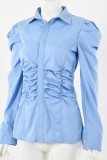 Blue Fashion Casual Solid Basic Turndown Collar Tops