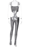 Silver Sexy Solid Hollowed Out Spaghetti Strap Skinny Jumpsuits