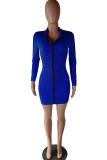 Blue Polyester Sexy Cap Sleeve Long Sleeves Hooded Step Skirt Knee-Length chain Patchwork Solid