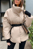 Apricot British Style Solid With Belt Mandarin Collar Outerwear