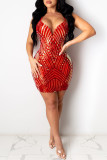 Red Fashion Sexy Patchwork Sequins Backless V Neck Sling Dress