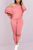Pink Casual Solid pencil Long Sleeve Two Pieces