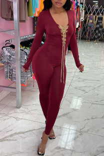 Red Sexy Solid Split Joint V Neck Skinny Jumpsuits