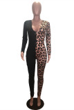 Leopard Print Fashion Casual Leopard Print Patchwork V Neck Skinny Jumpsuits