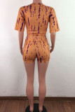 Dark Yellow Polyester Fashion Casual adult Ma'am Print Two Piece Suits pencil Short Sleeve Two Pieces