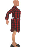 Red Polyester Casual Shirt sleeves Long Sleeves Turndown Collar Step Skirt Knee-Length Plaid Long Sleev