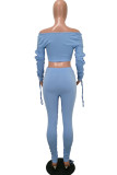 Blue Polyester Fashion Sexy adult Patchwork Solid Draped asymmetrical Two Piece Suits Regular Long Sleeve Two Pieces