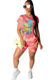 Green knit Fashion Active adult Ma'am Patchwork Print Character Tie Dye Two Piece Suits Straight Short Sleeve Two Pieces