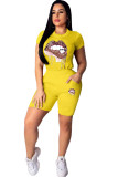 Yellow Polyester Fashion Active adult Ma'am Patchwork Print Two Piece Suits Lips Print pencil Short Sleeve Two Pieces