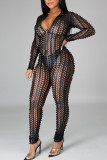 Silver Solid Ripped Hollowed Out See-through O Neck Regular Jumpsuits