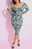 Light Blue Sexy England Off The Shoulder Long Sleeves One word collar Step Skirt Knee-Length Print Dresses