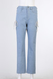 Blue Casual Solid Hollowed Out Mid Waist Regular Denim Long Pant