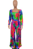 Red Casual Print Coloured drawing Long Sleeve O Neck Jumpsuits